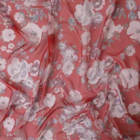 Crimson red premium pure silk chiffon fabric with multicolor print in floral design-D13228