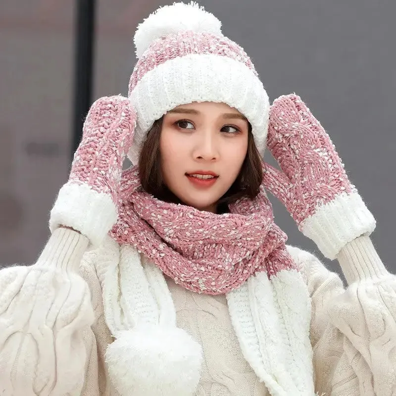 Cute Knit Hat Scarf And Gloves Set