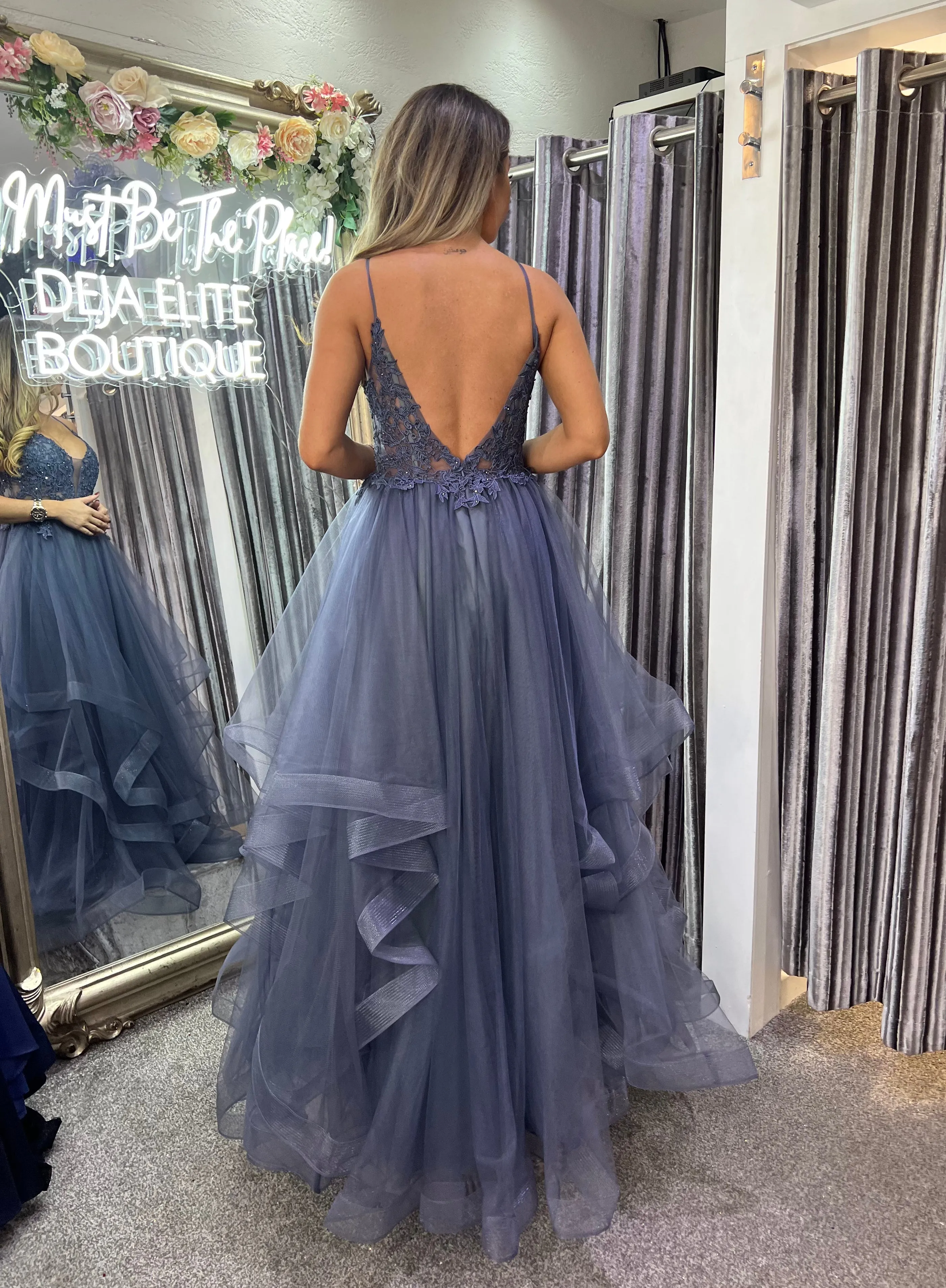 Dakota charcoal flutter layered prom dress ballgown