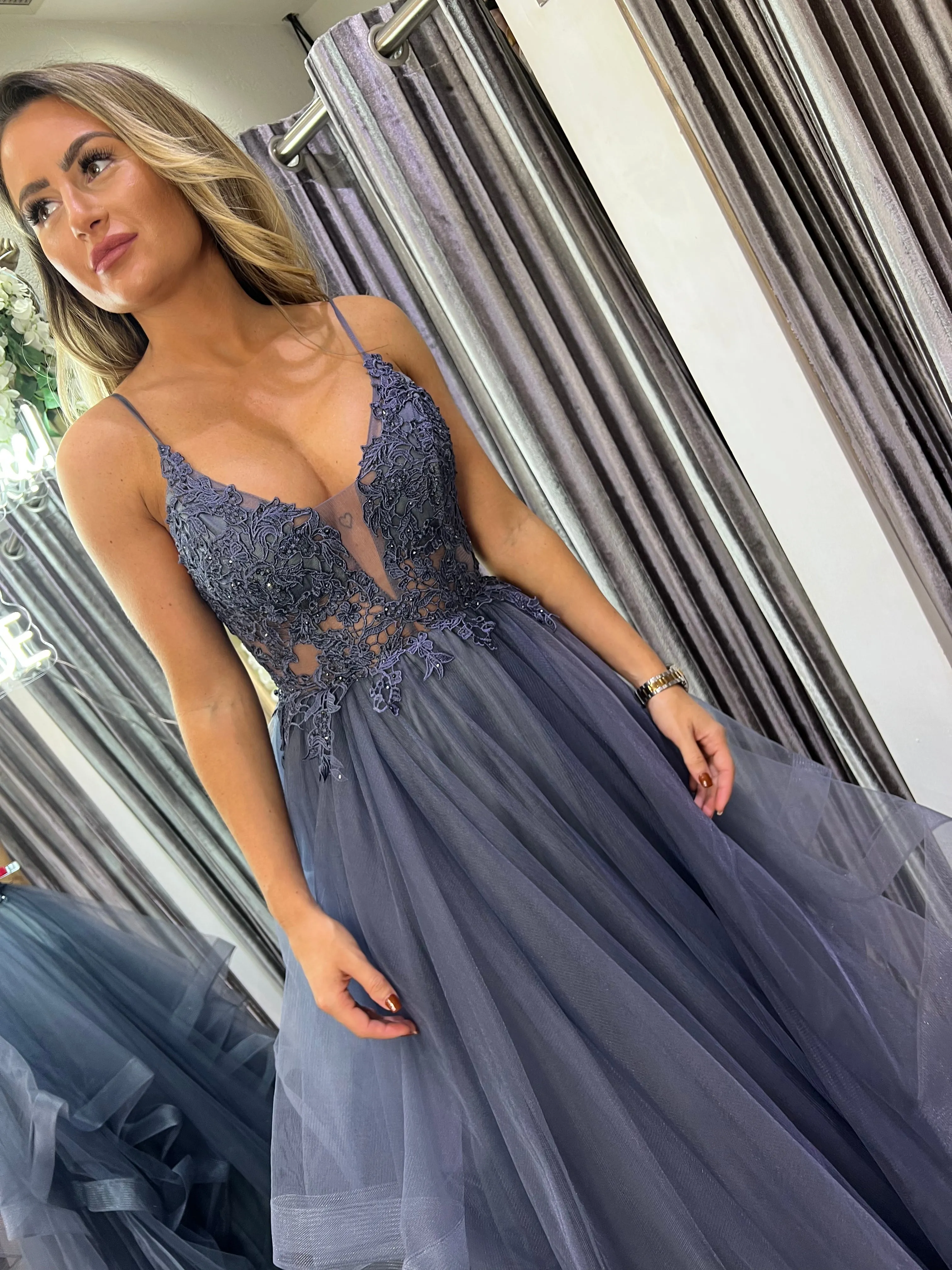 Dakota charcoal flutter layered prom dress ballgown