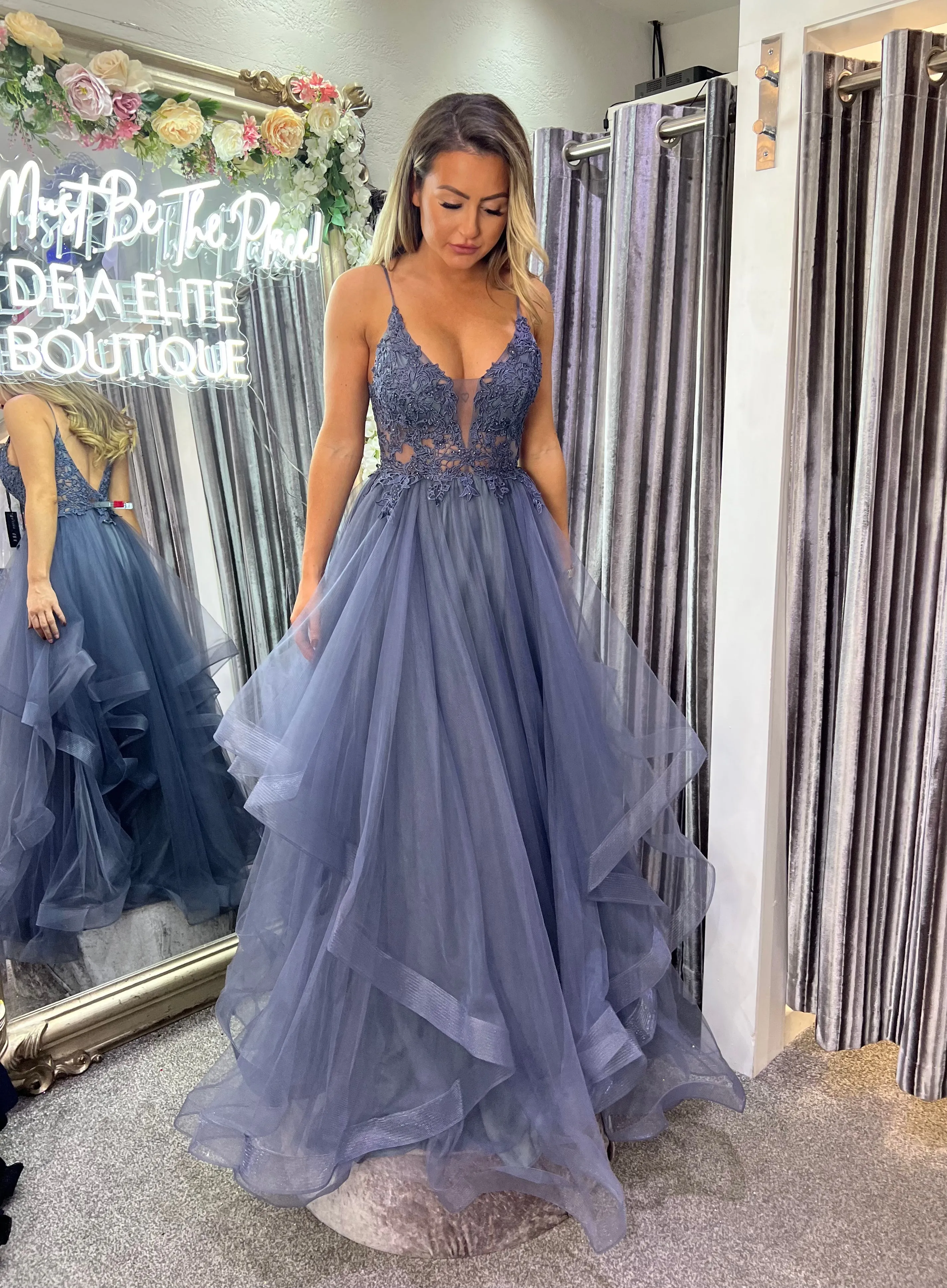 Dakota charcoal flutter layered prom dress ballgown