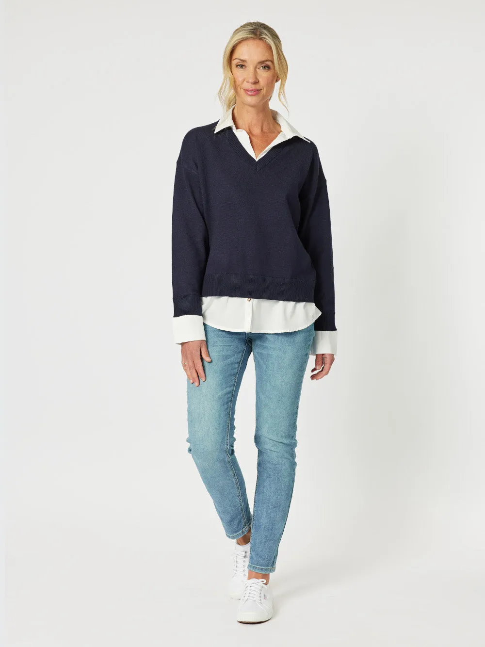 Dee 2 in 1 Knit Jumper - Navy/White