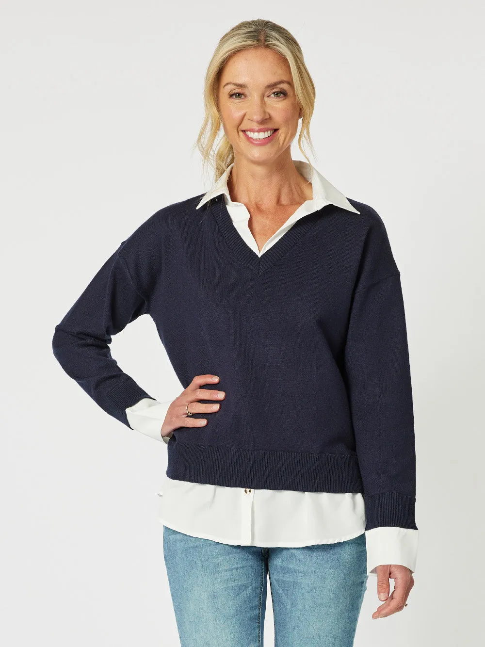 Dee 2 in 1 Knit Jumper - Navy/White