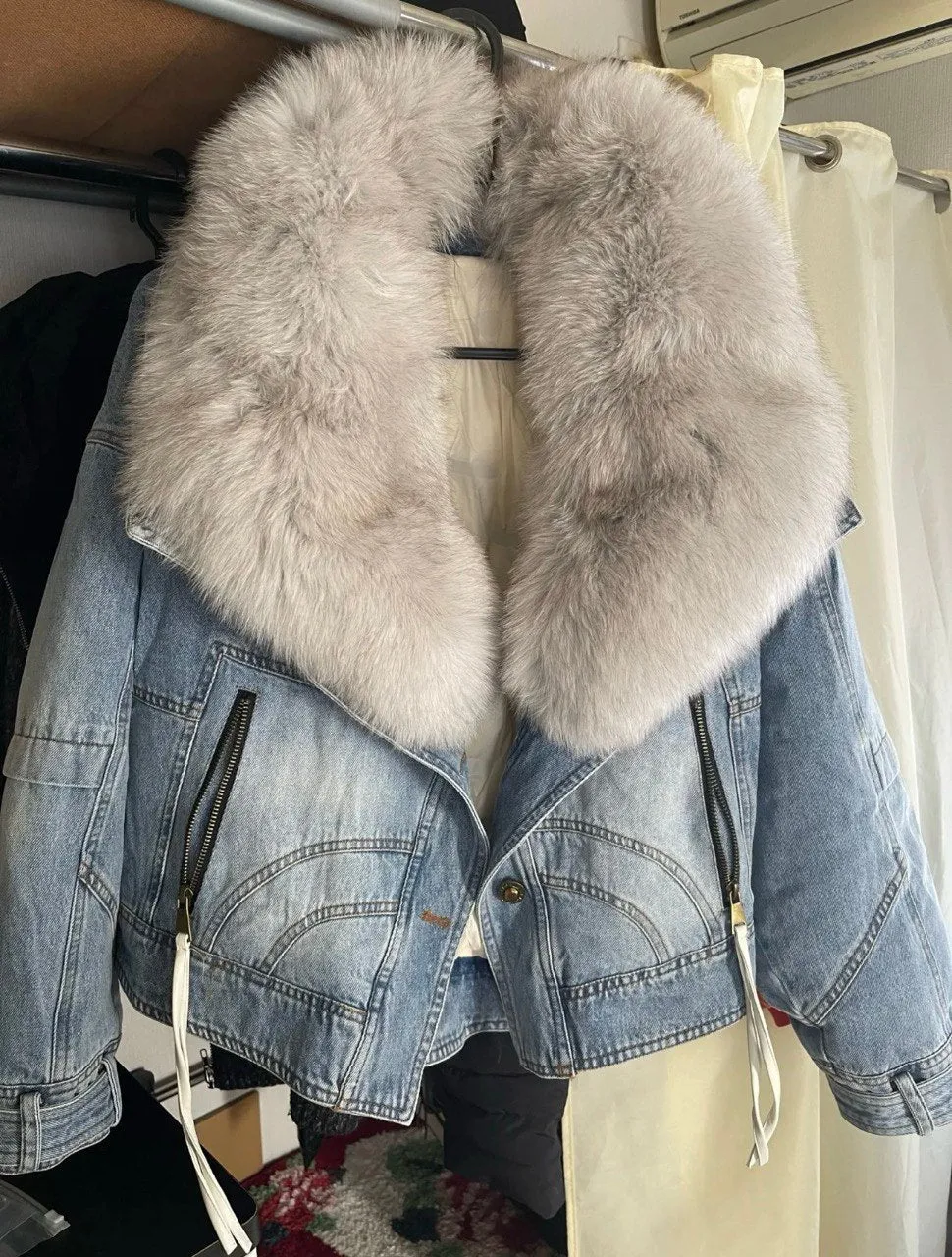 Denim Chic: Women's Jacket with Natural Fur and Cozy Duck Down Lining