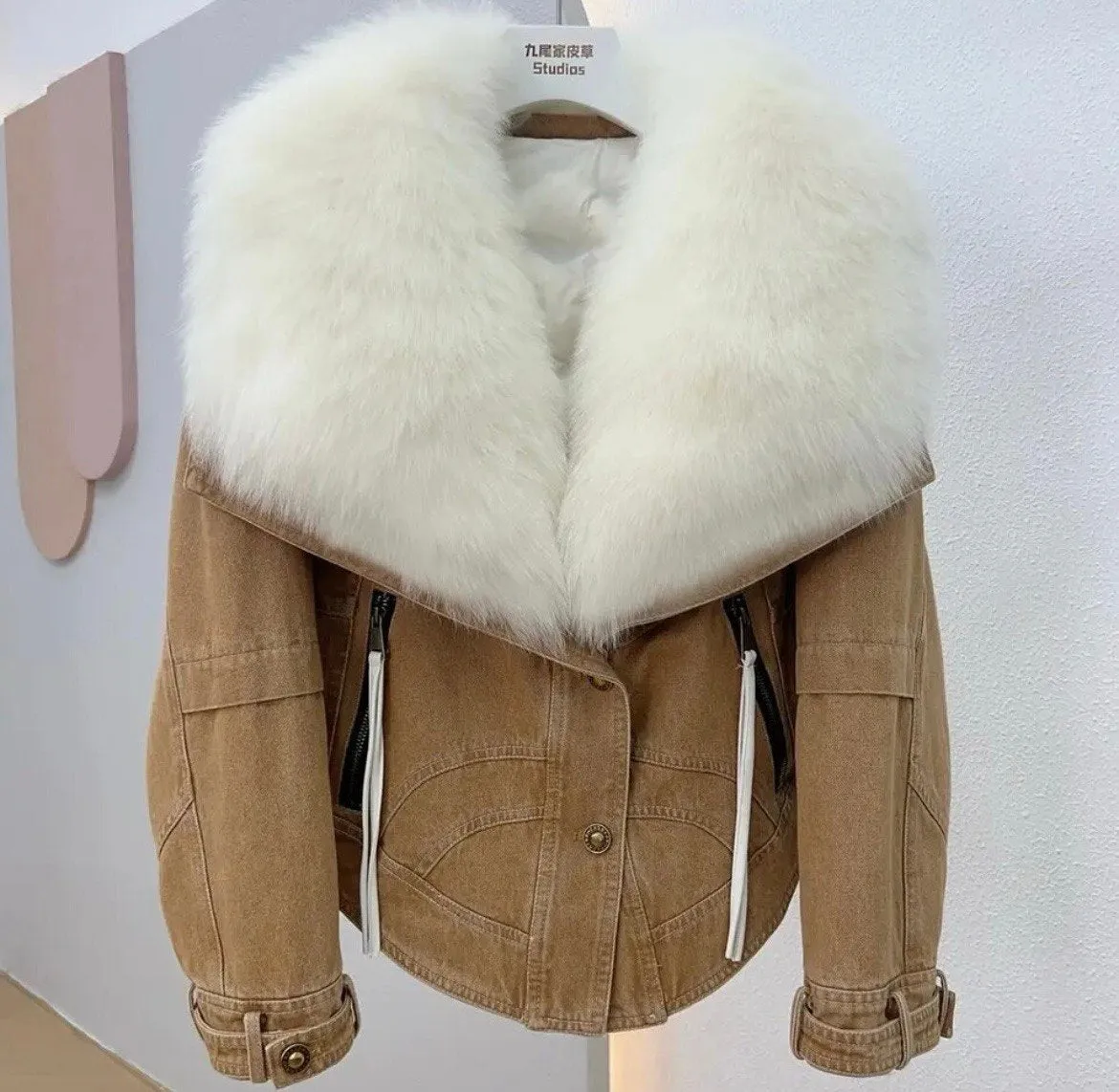 Denim Chic: Women's Jacket with Natural Fur and Cozy Duck Down Lining