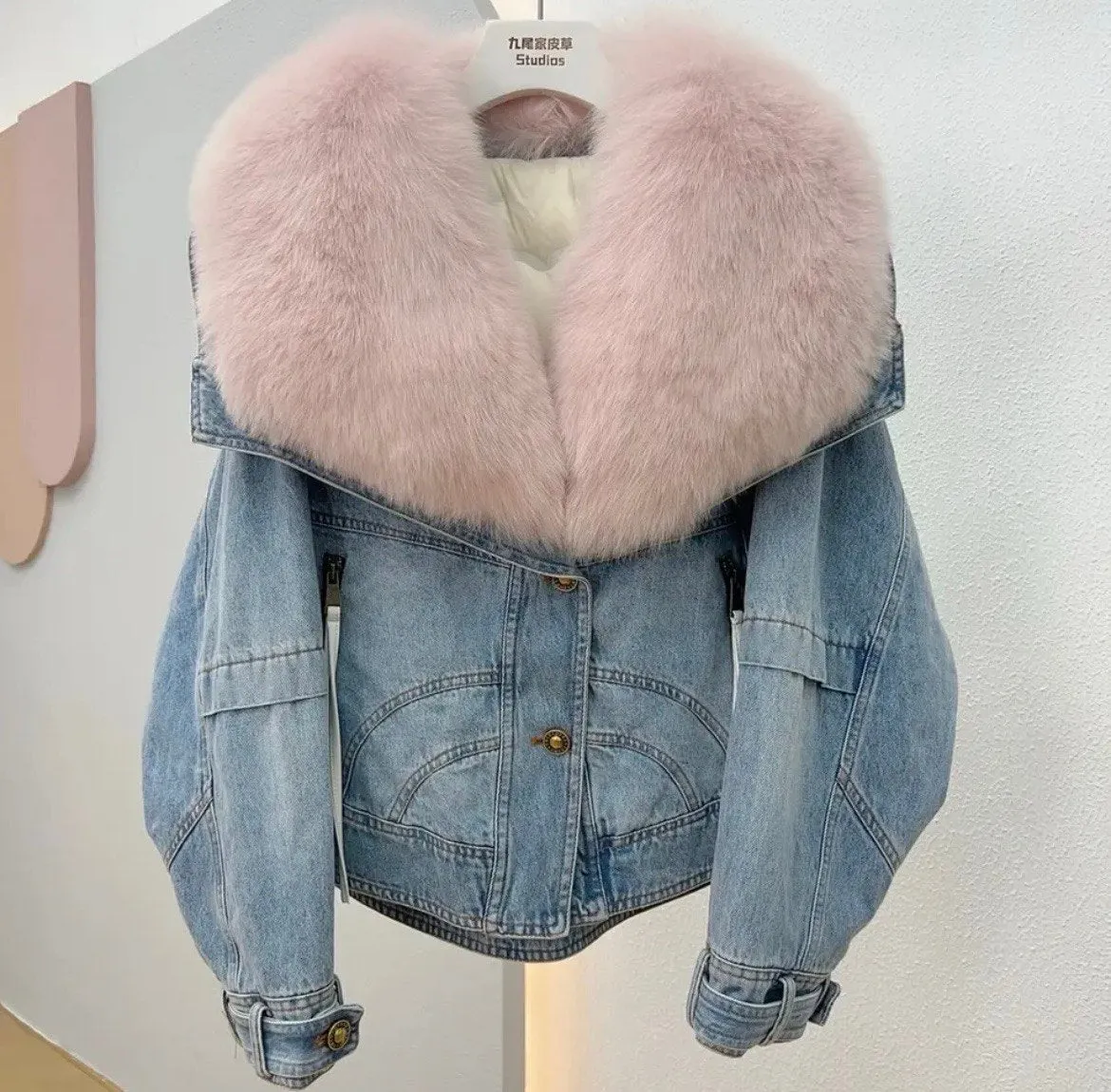 Denim Chic: Women's Jacket with Natural Fur and Cozy Duck Down Lining