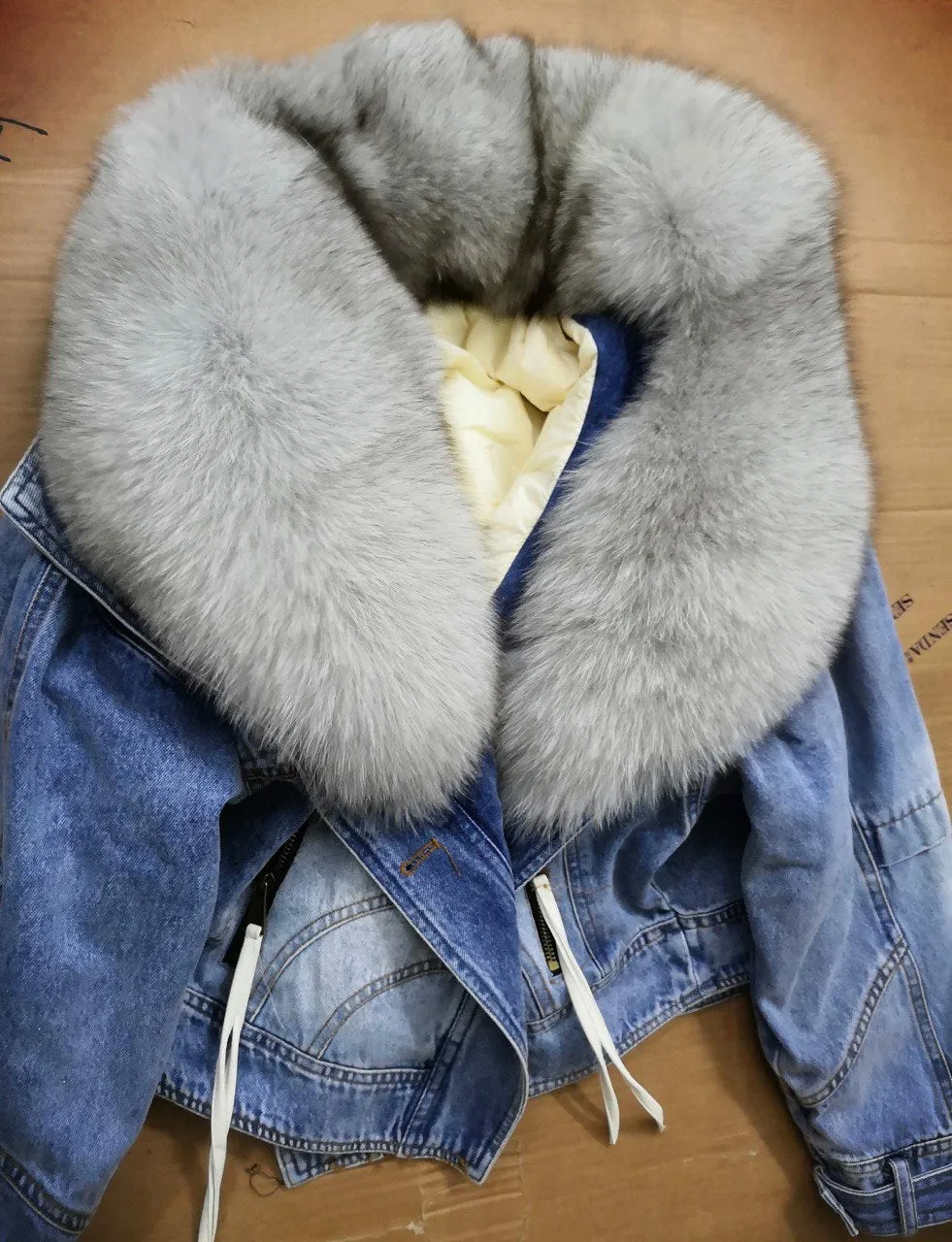 Denim Chic: Women's Jacket with Natural Fur and Cozy Duck Down Lining