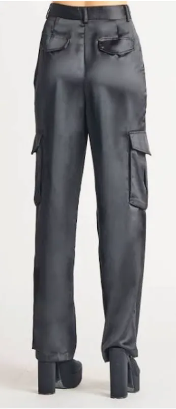 Dex Black Satin Cargo Pants