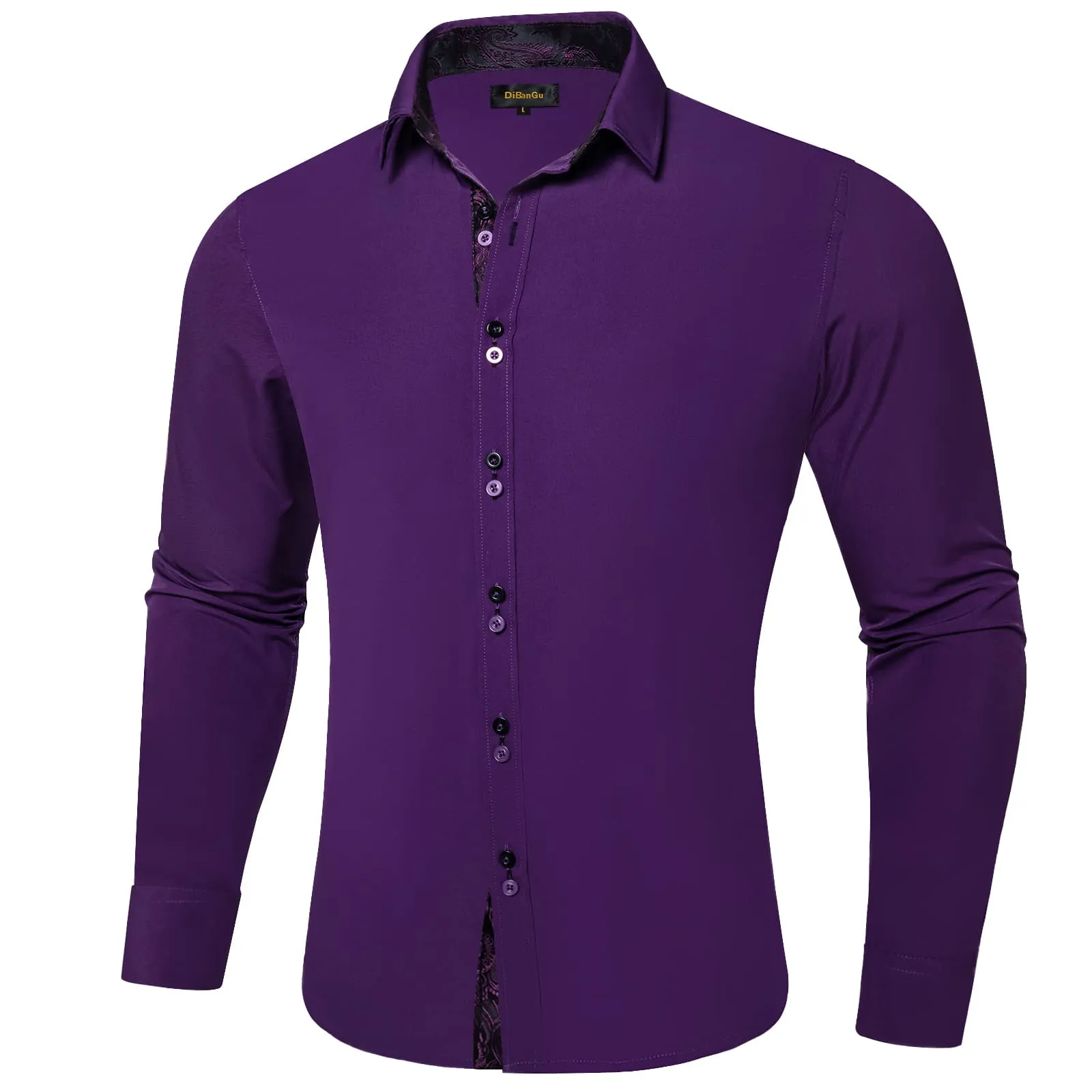 DiBanGu Mens Dress Shirt Solid Indigo Purple Splicing Silk Button Down Shirt