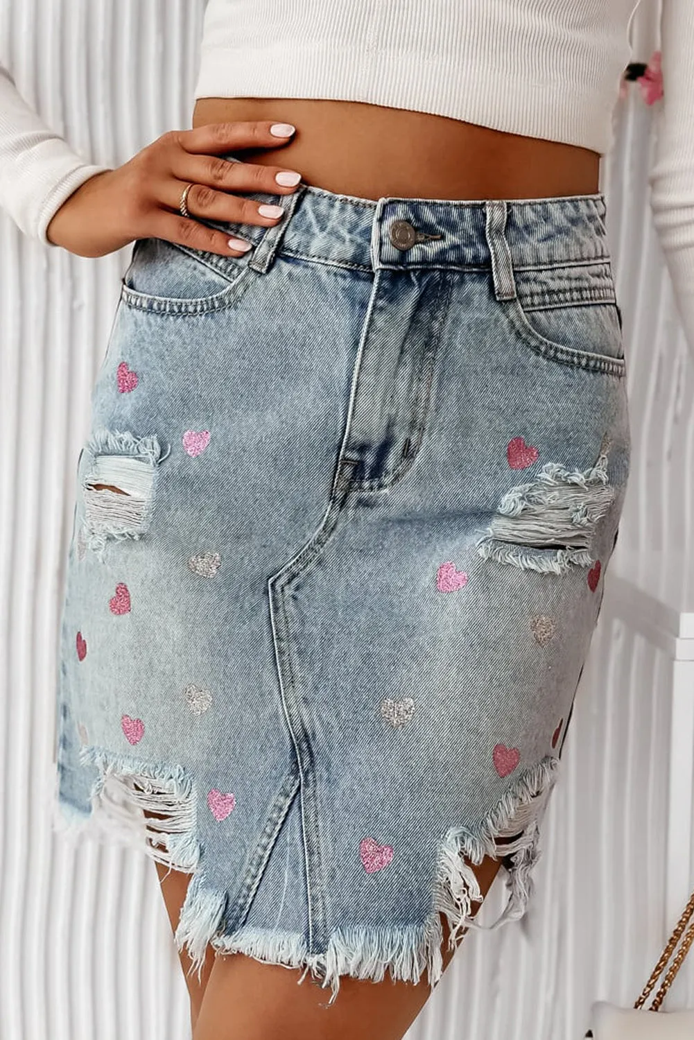 Distressed Shimmer Hearts Mini Skirt