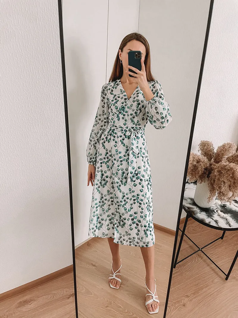 Elegant Green Leaf Print Dress