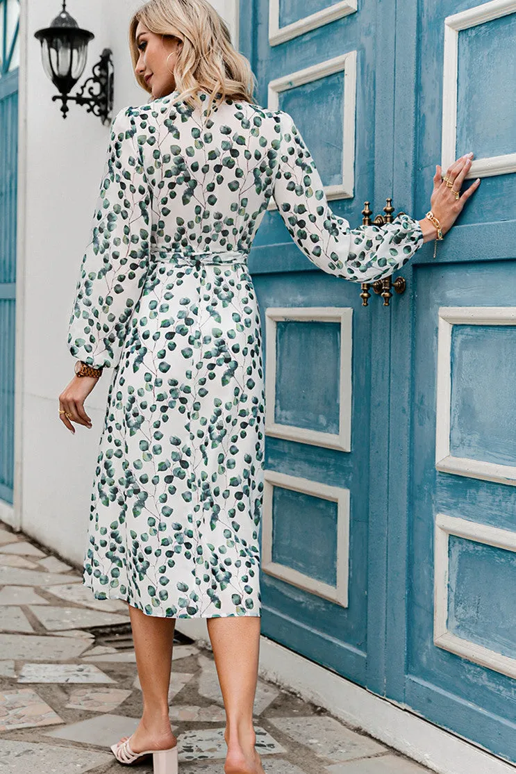 Elegant Green Leaf Print Dress