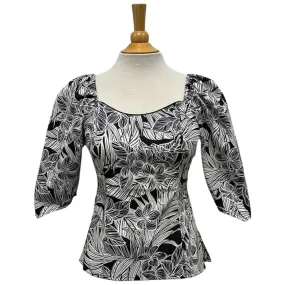 Elegant Hawaiian Print Half Sleeve Blouse Top | Black & Gray Plumeria - 286B