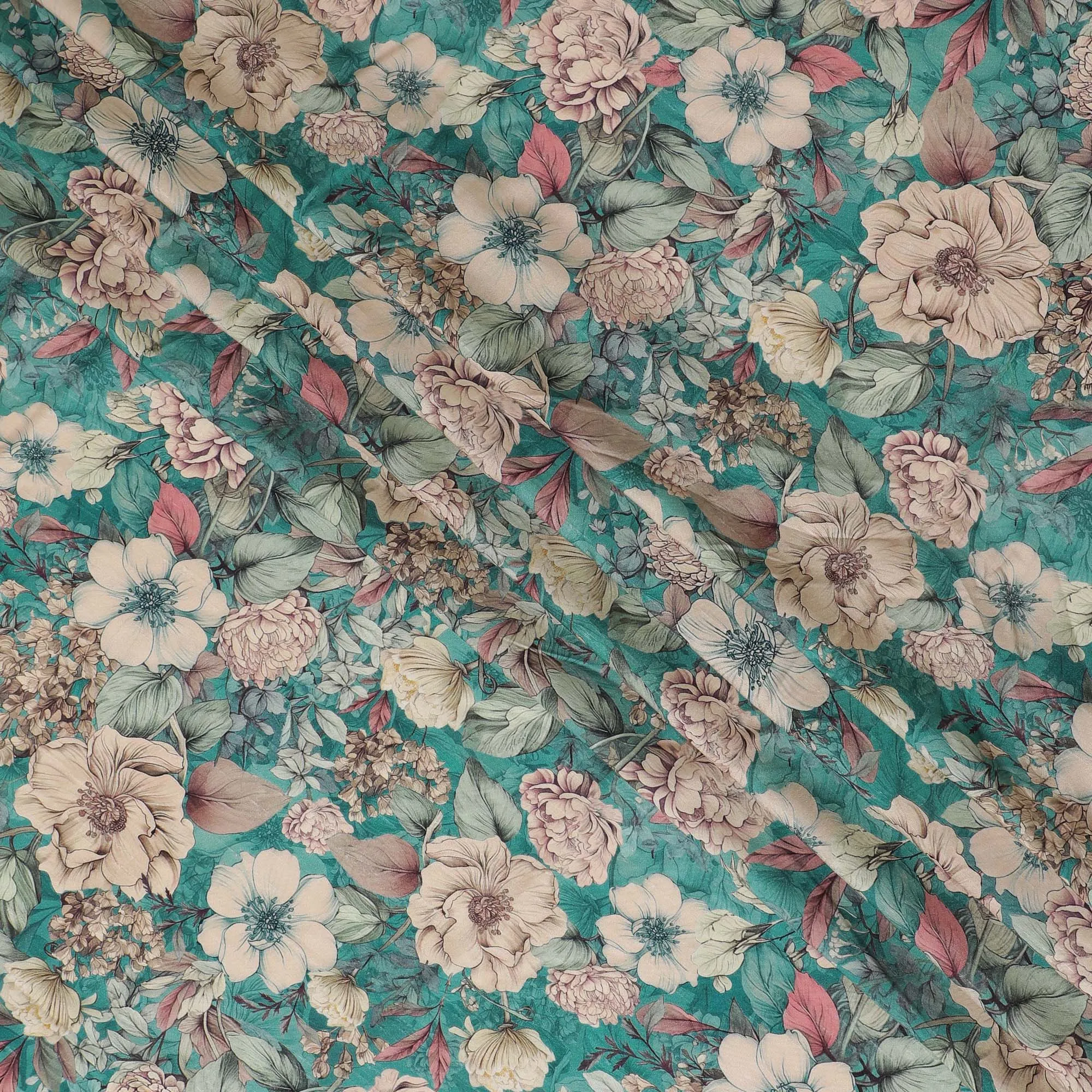 Elegant Teal Floral Viscose Fabric - 110 cm Wide-D19410