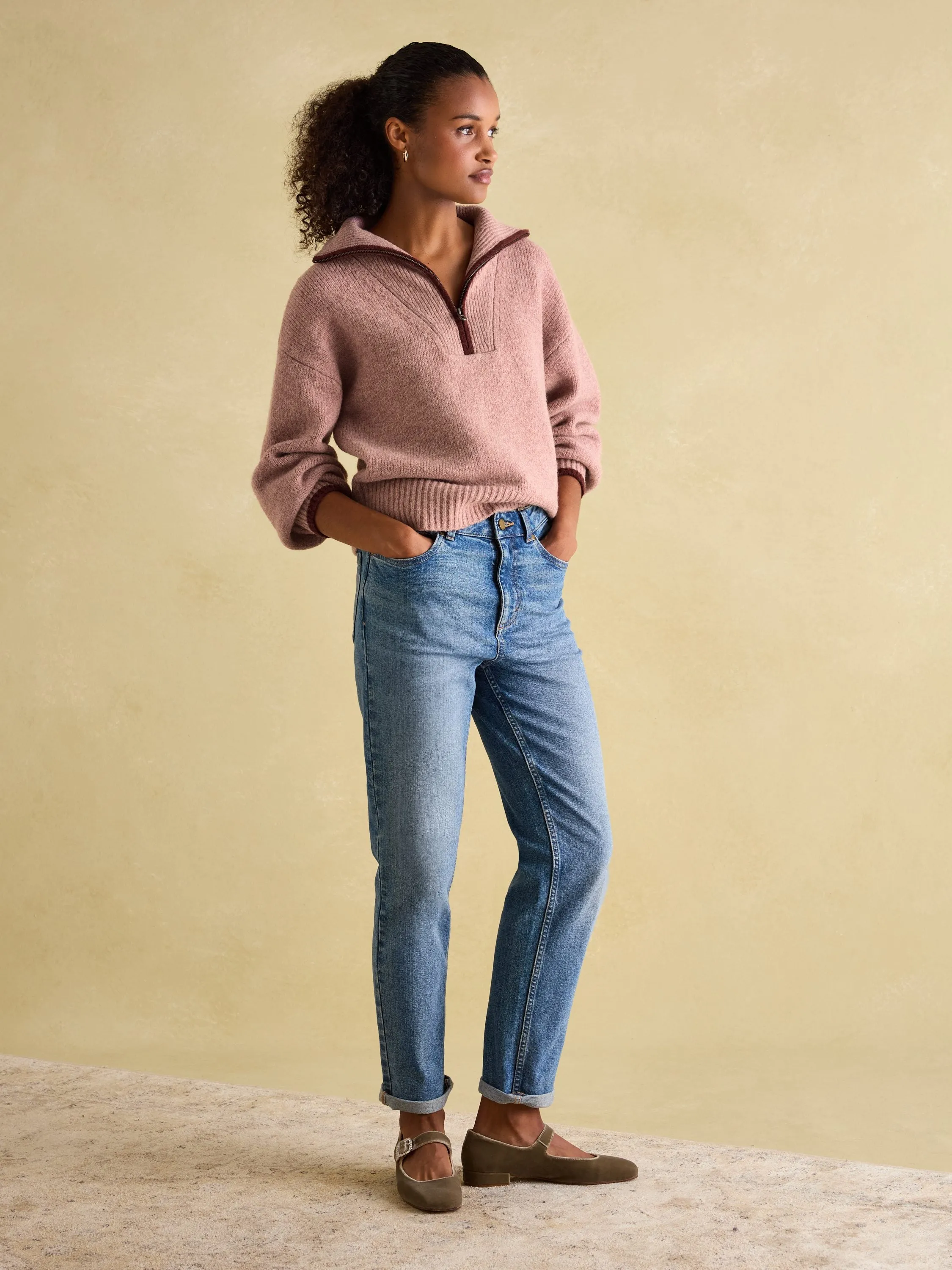 Elmore Pink Knitted Quarter Zip Jumper