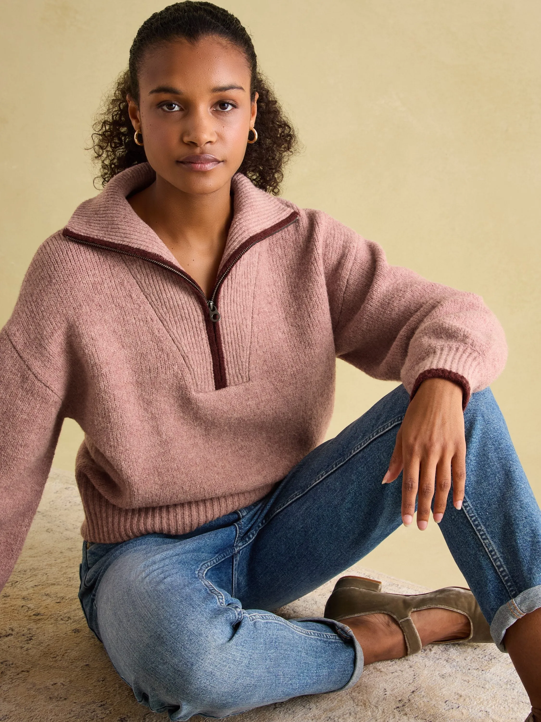 Elmore Pink Knitted Quarter Zip Jumper