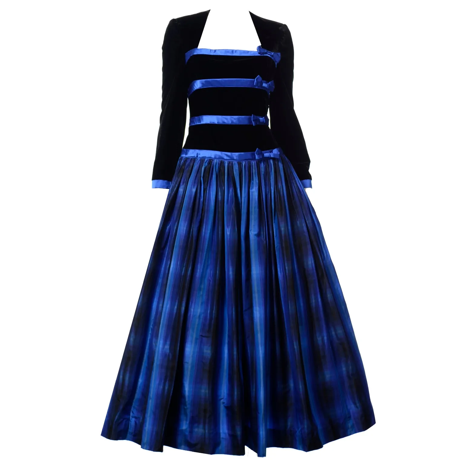 Escada Couture Vintage Black & Blue Velvet & Plaid Taffeta Dress