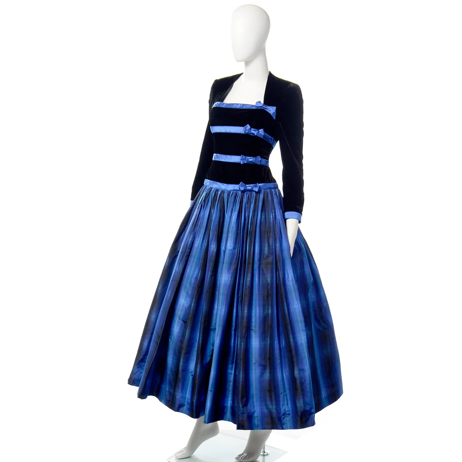 Escada Couture Vintage Black & Blue Velvet & Plaid Taffeta Dress