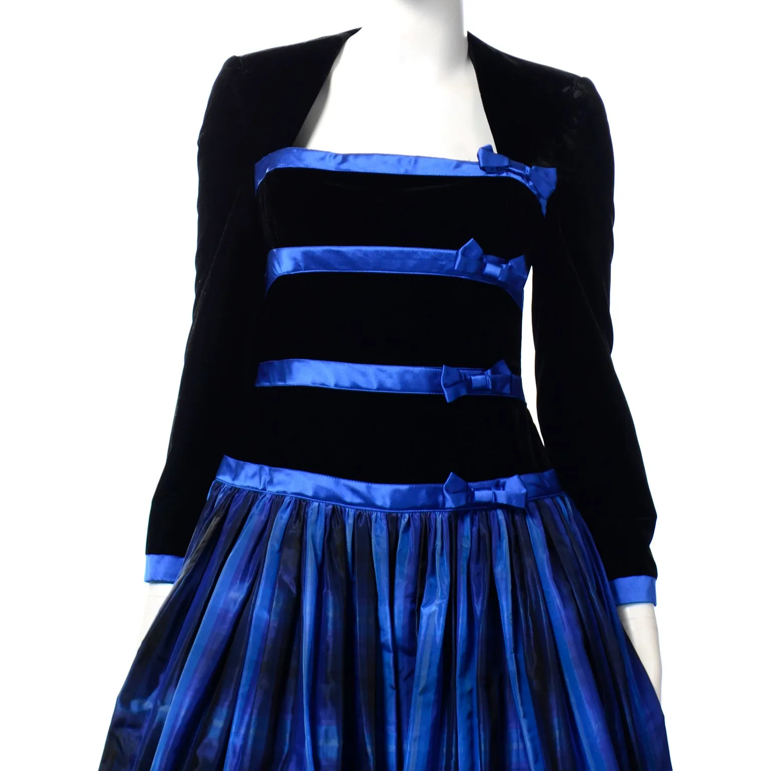 Escada Couture Vintage Black & Blue Velvet & Plaid Taffeta Dress