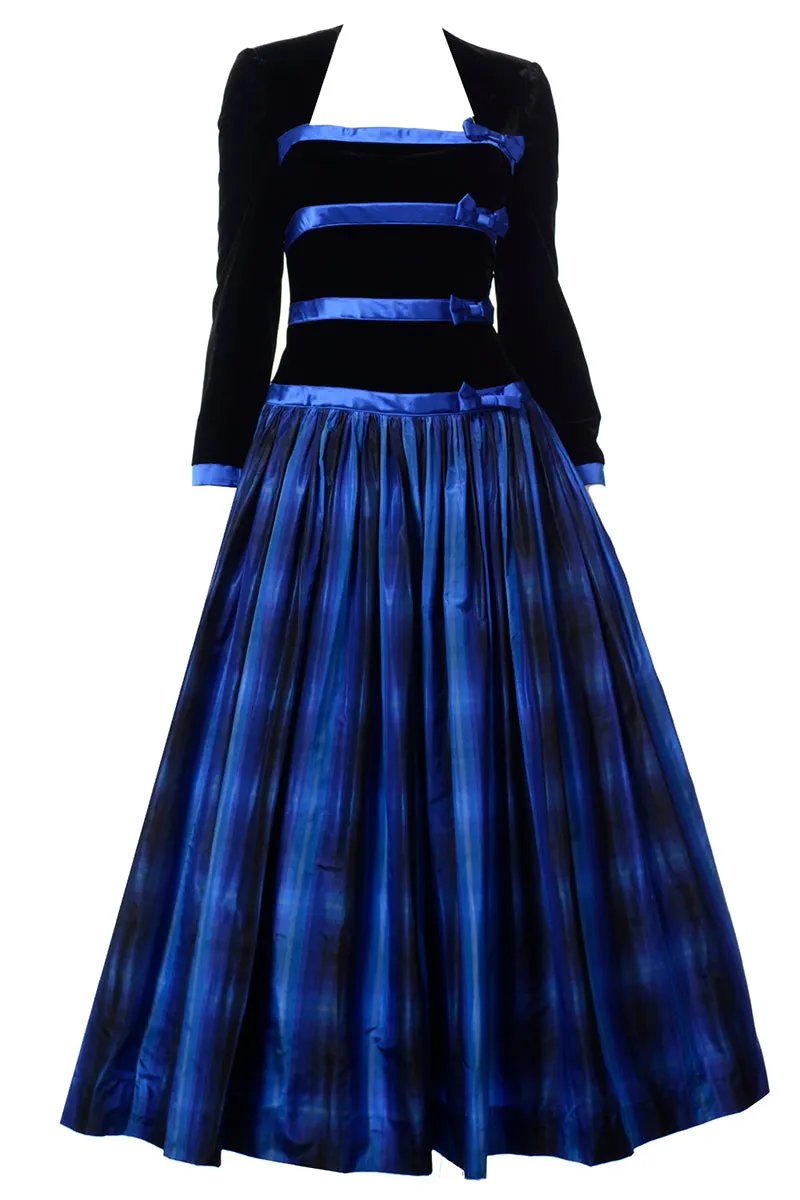 Escada Couture Vintage Black & Blue Velvet & Plaid Taffeta Dress