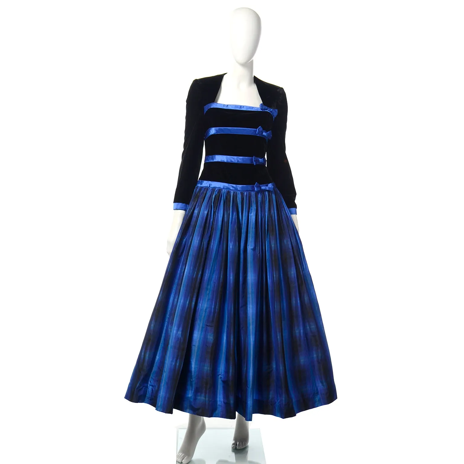 Escada Couture Vintage Black & Blue Velvet & Plaid Taffeta Dress