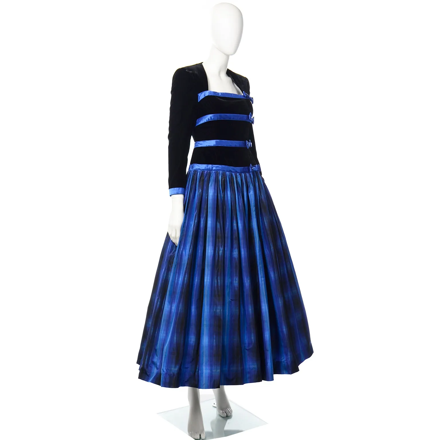 Escada Couture Vintage Black & Blue Velvet & Plaid Taffeta Dress