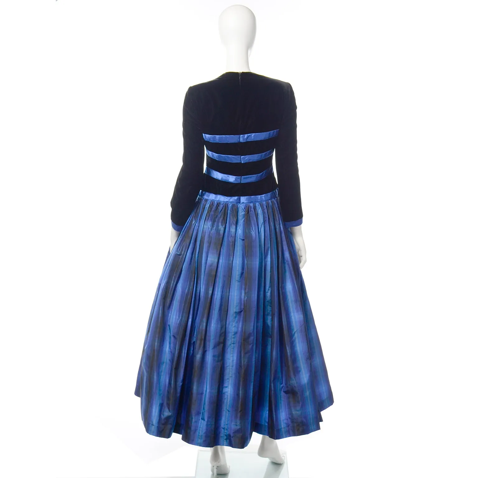 Escada Couture Vintage Black & Blue Velvet & Plaid Taffeta Dress