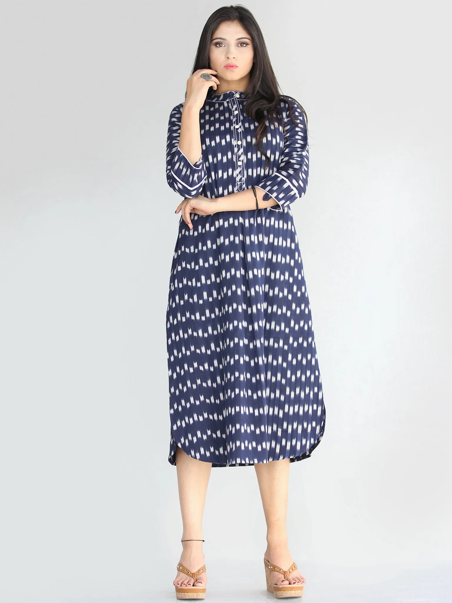 Faizah - Handwoven Ikat Cotton Shirt Dress - D414F1573