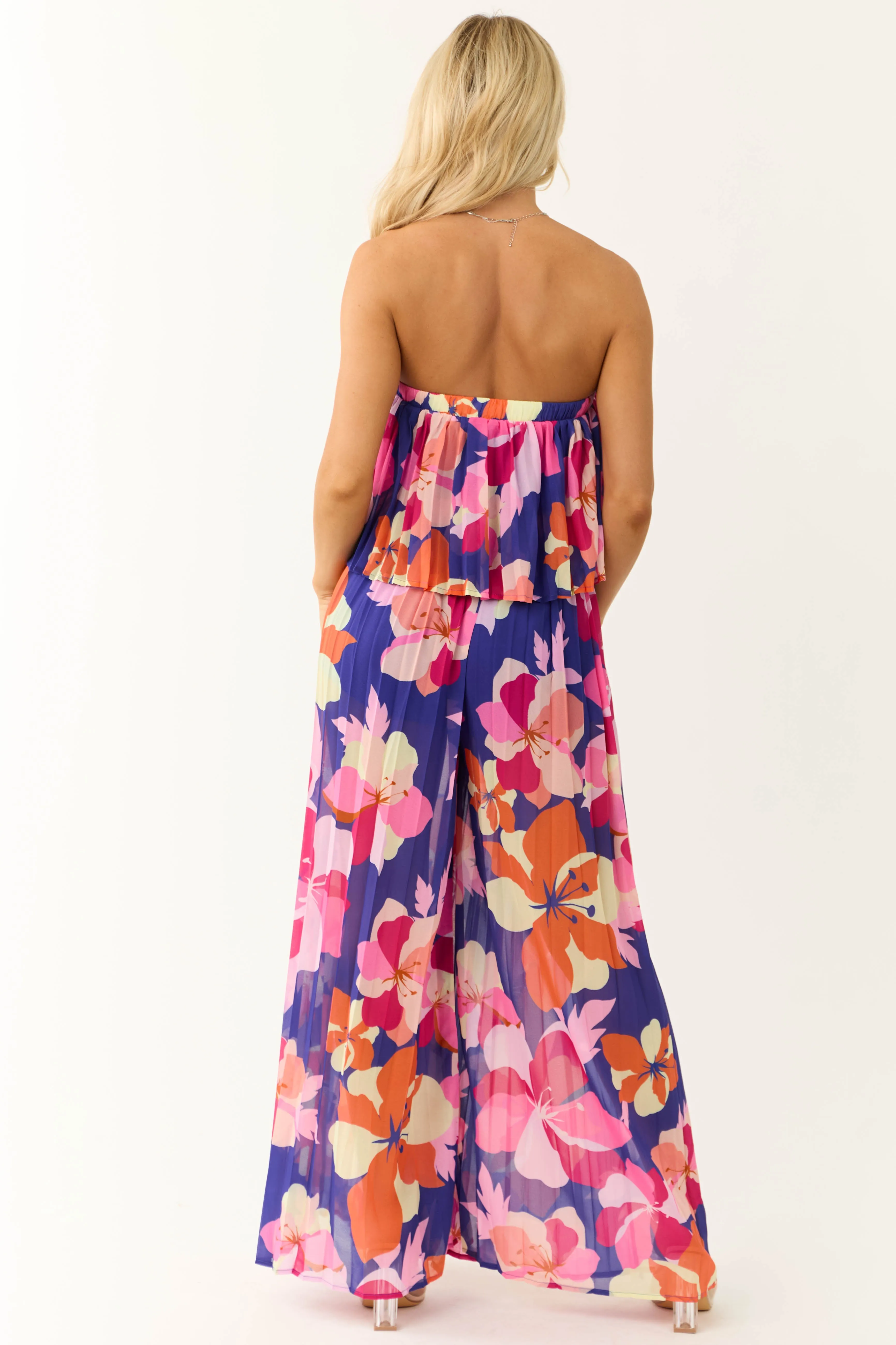 Flying Tomato Indigo Floral Print Strapless Jumpsuit