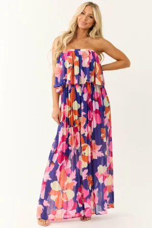 Flying Tomato Indigo Floral Print Strapless Jumpsuit