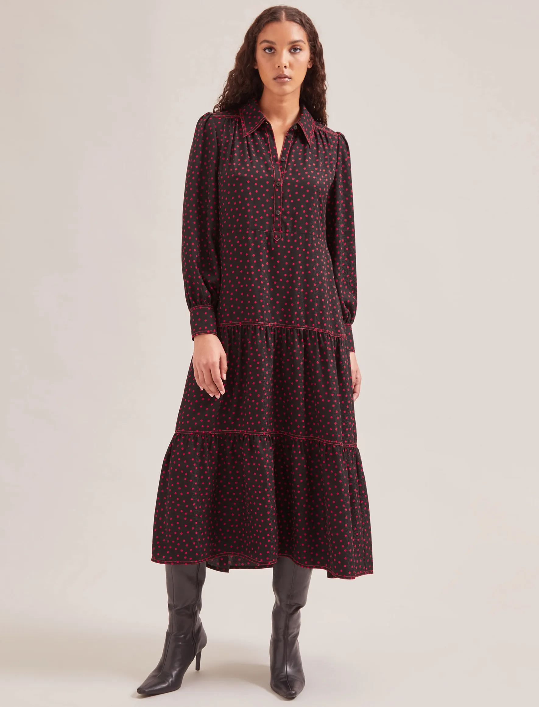 Franklin Maxi Dress - Black Red Polka Dot Print