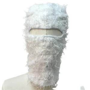 Fuzzy Shiesty Balaclava Distressed Knitted Full Face Ski Mask - Ivory