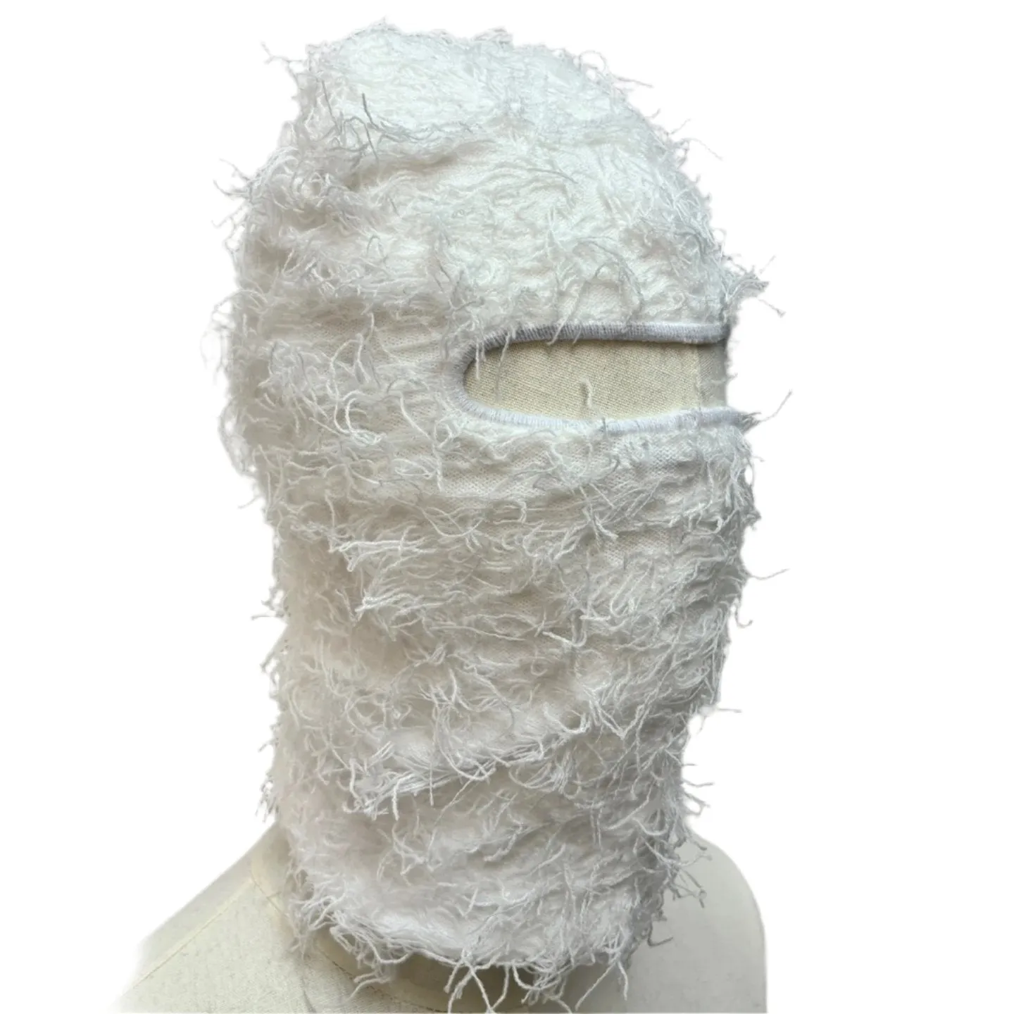 Fuzzy Shiesty Balaclava Distressed Knitted Full Face Ski Mask - Ivory