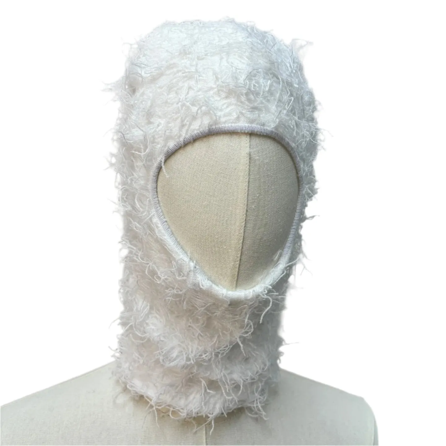 Fuzzy Shiesty Balaclava Distressed Knitted Full Face Ski Mask - Ivory