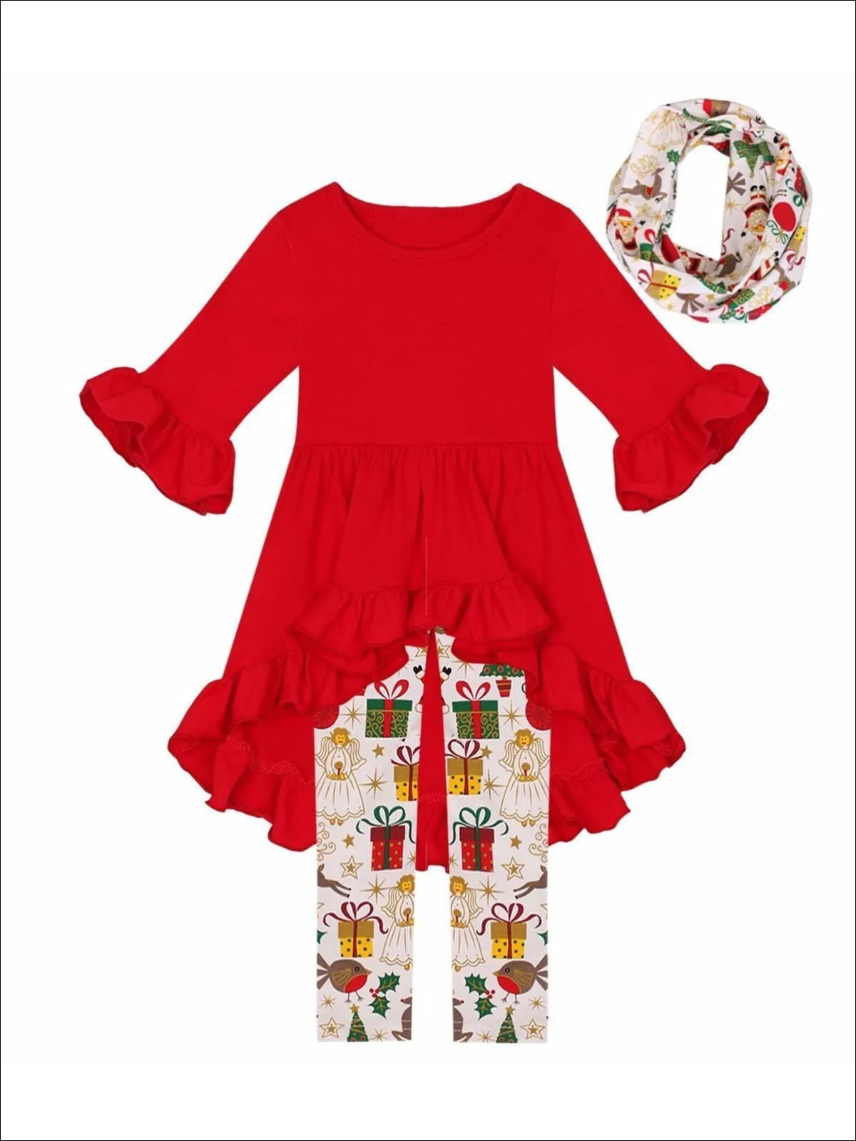 Girls Red Ruffled Tunic, Christmas Print Leggings And Scarf Set