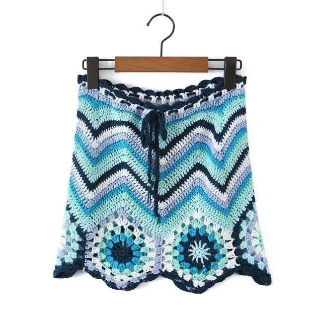 Granny Square Mini Skirt Or Crochet Halter Cami Blue Turquoise Mint Navy White Top Flare Skirt Or Set Tassel Ties Top Adjustable Drawstring Waist One Size