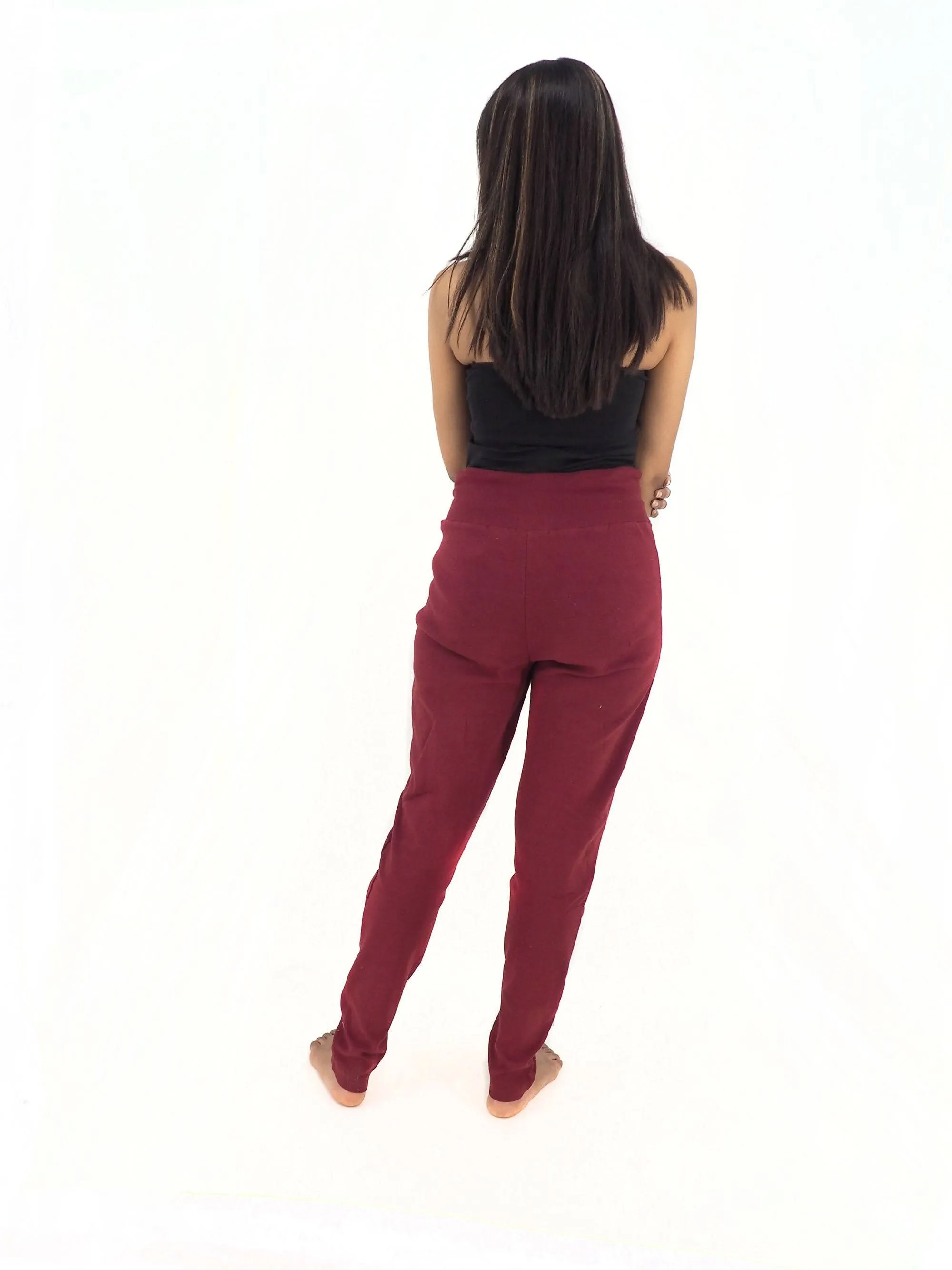 Handmade Casual Boho Cotton Solid Color Leggings Yoga Pants Size S/M to L/XL Burgundy