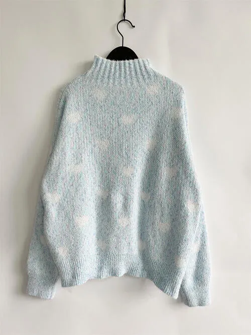 Heart Heathered Turtleneck Drop Shoulder Sweater