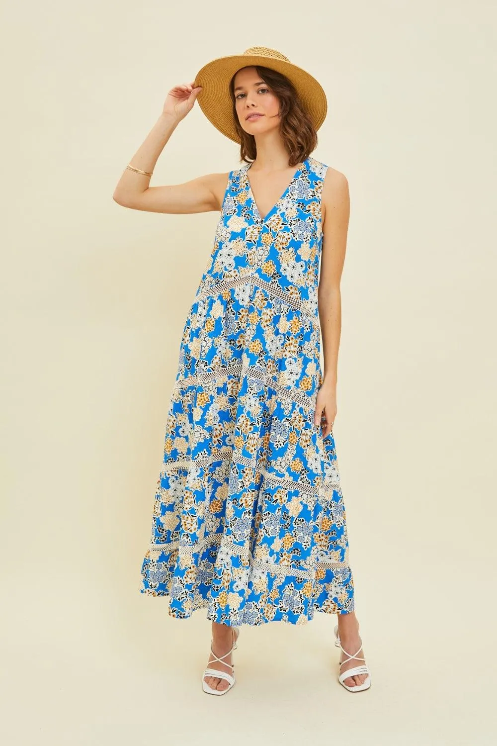 HEYSON Full Size Printed Crochet Trim Maxi Dress