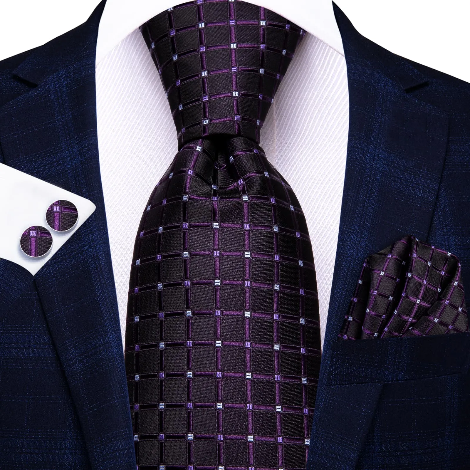 Hi-Tie Black Men's Tie Indigo Purple Jacquard Checkered Necktie Set