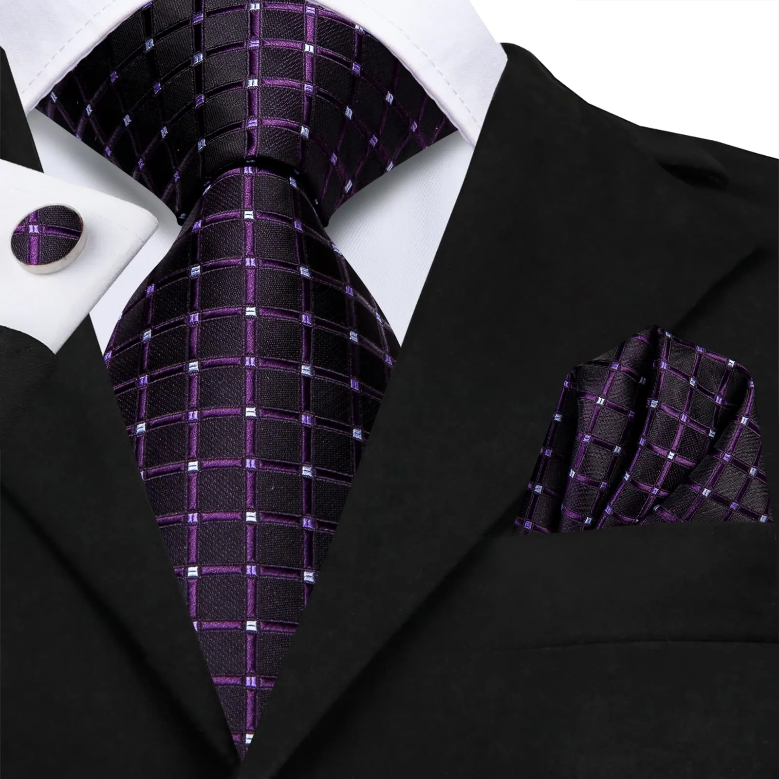 Hi-Tie Black Men's Tie Indigo Purple Jacquard Checkered Necktie Set