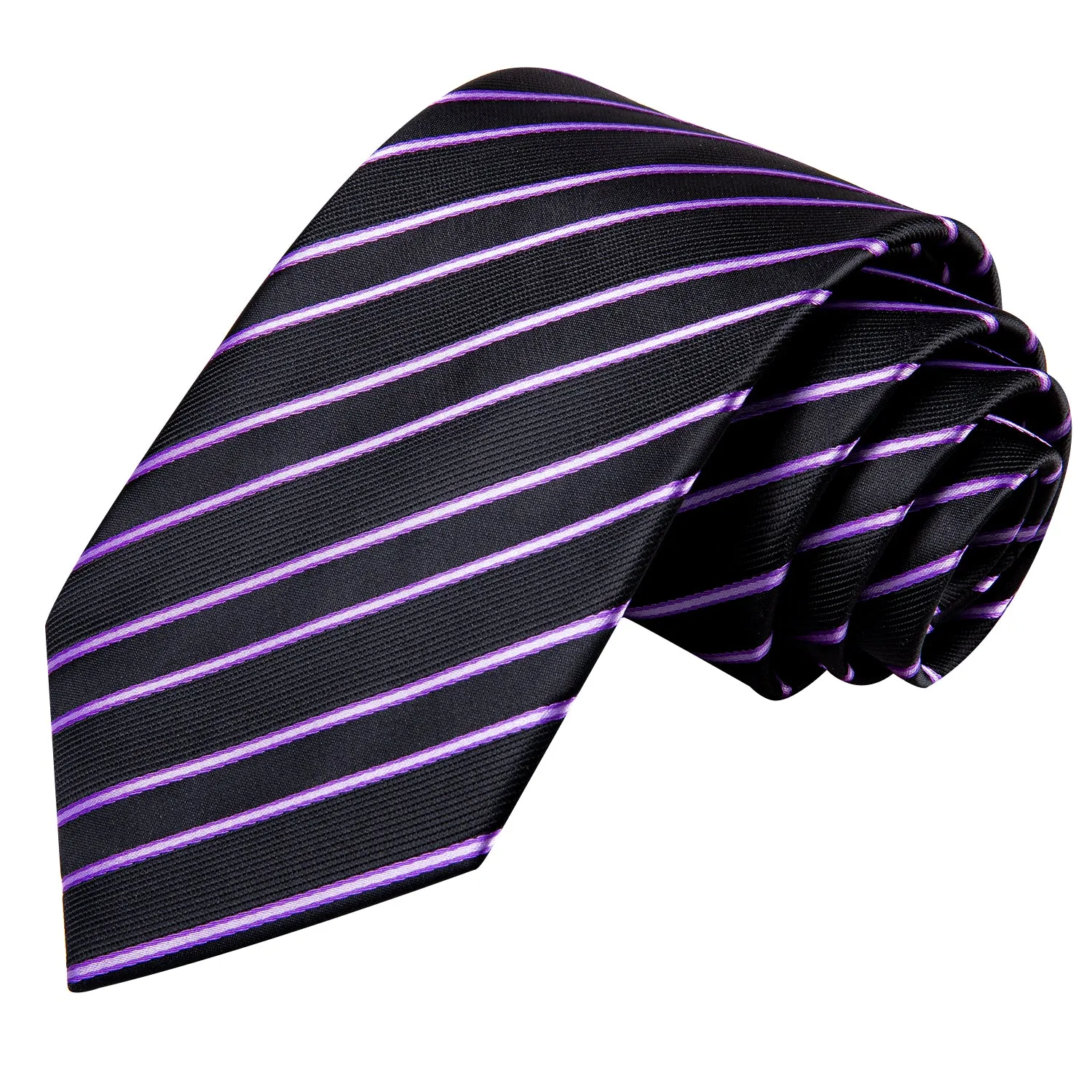 Hi-Tie Black Purple Striped 67 Inches Tie Handkerchief Cufflinks Set