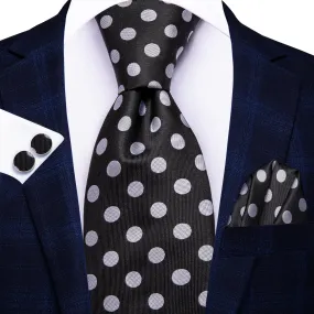 Hi-Tie Black White Polka Dots 67" Extra Long Tie Hanky Cufflinks Set