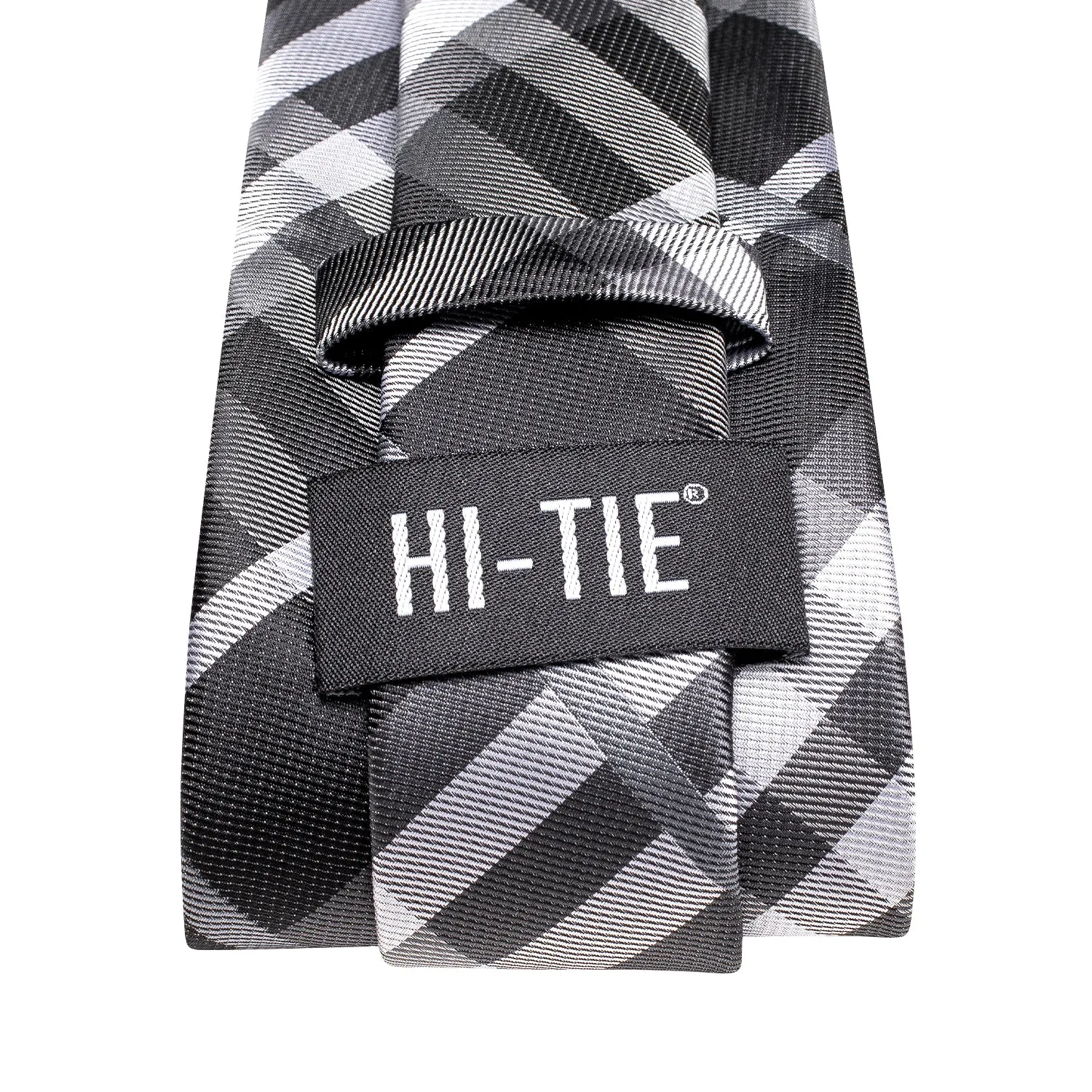 Hi-Tie Grey White 67 Inches Extra Long Tie Handkerchief Cufflinks Set