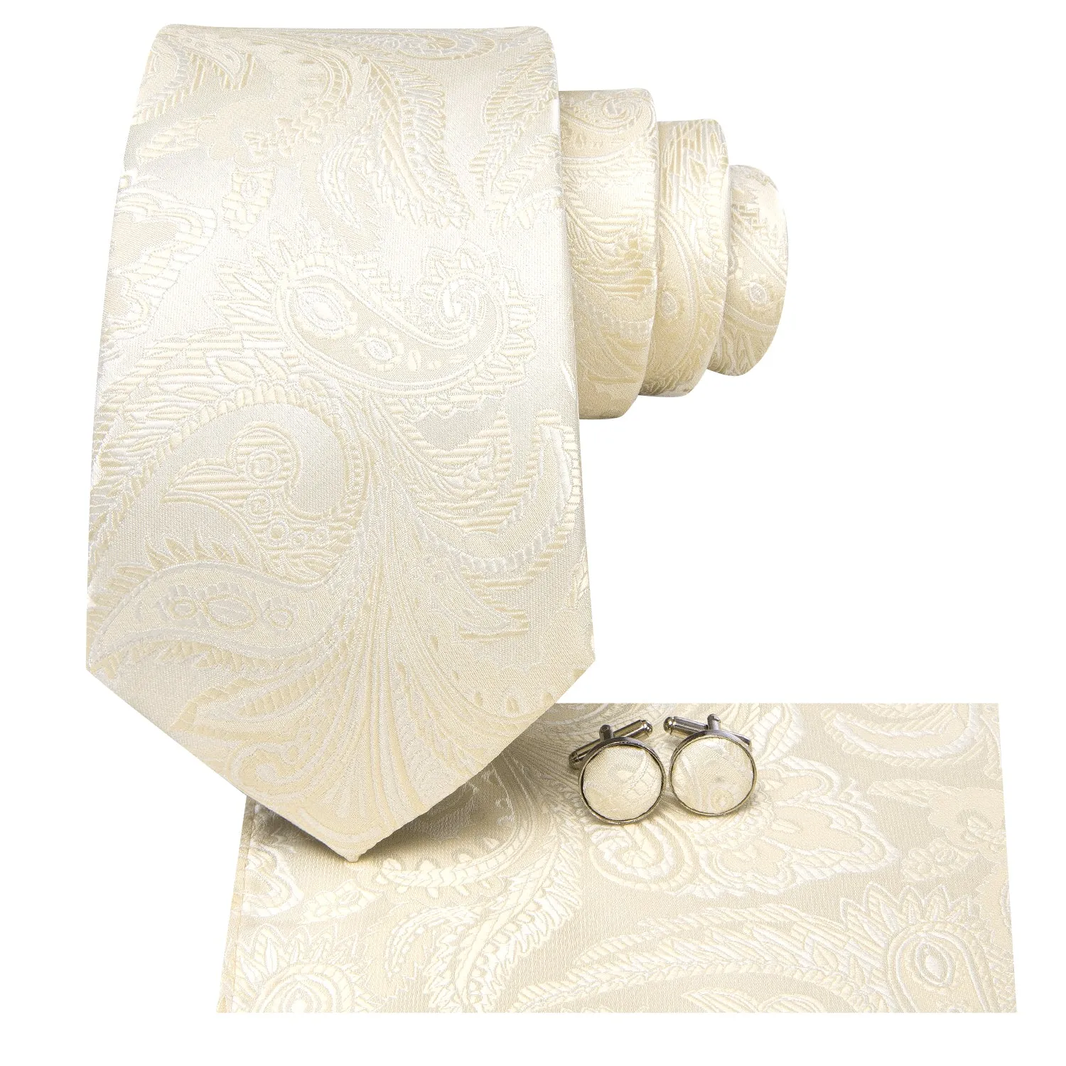 Hi-Tie Light Yellow Paisley Extra Long Tie Handkerchief Cufflinks Set