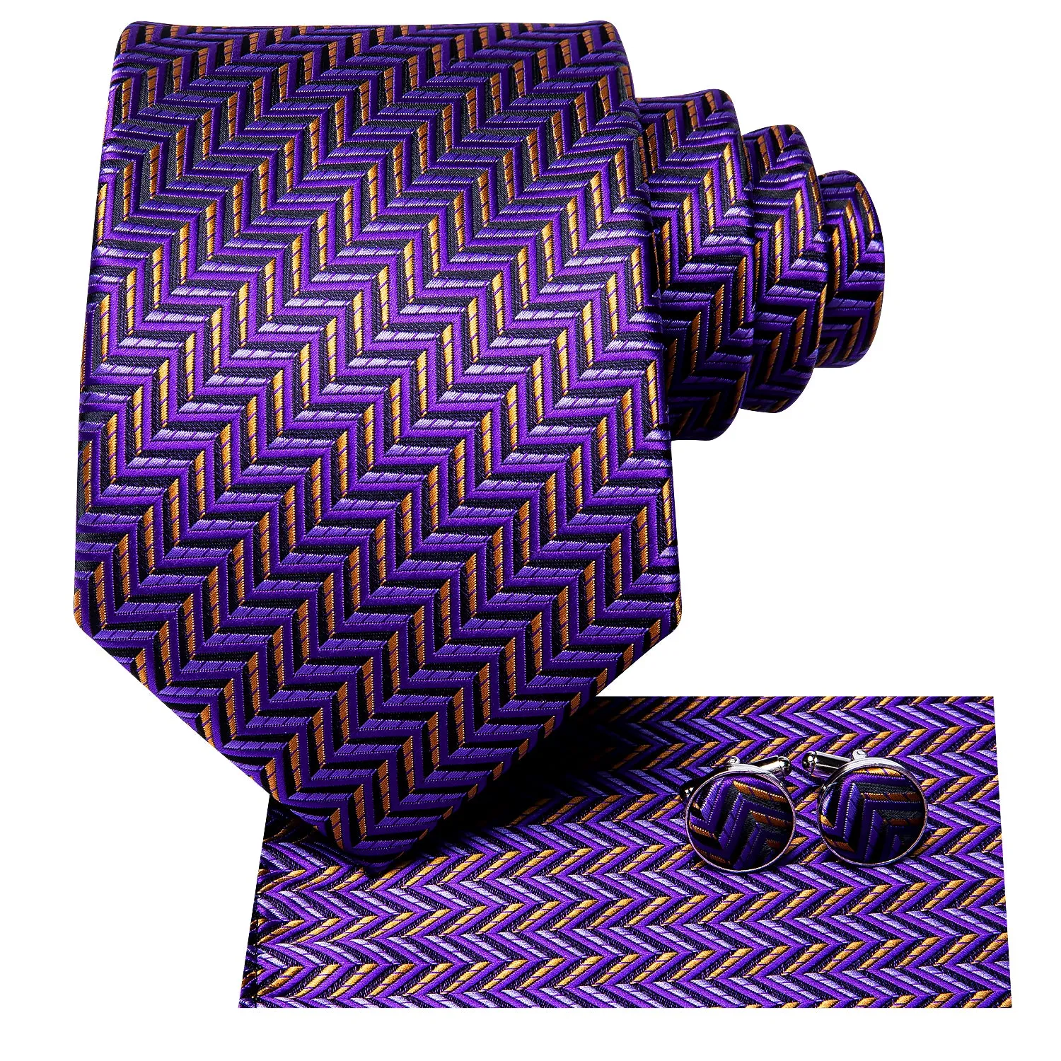 HI-Tie Purple Yellow Novelty 67 Inch Extra Long Tie Hanky Cufflinks Set