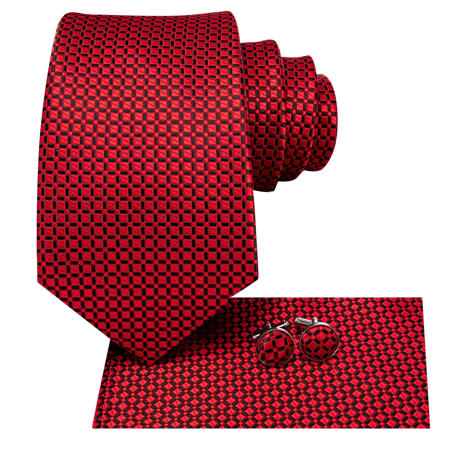 Hi-Tie Red Plaid 67 Inches Extra Long Tie Handkerchief Cufflinks Set