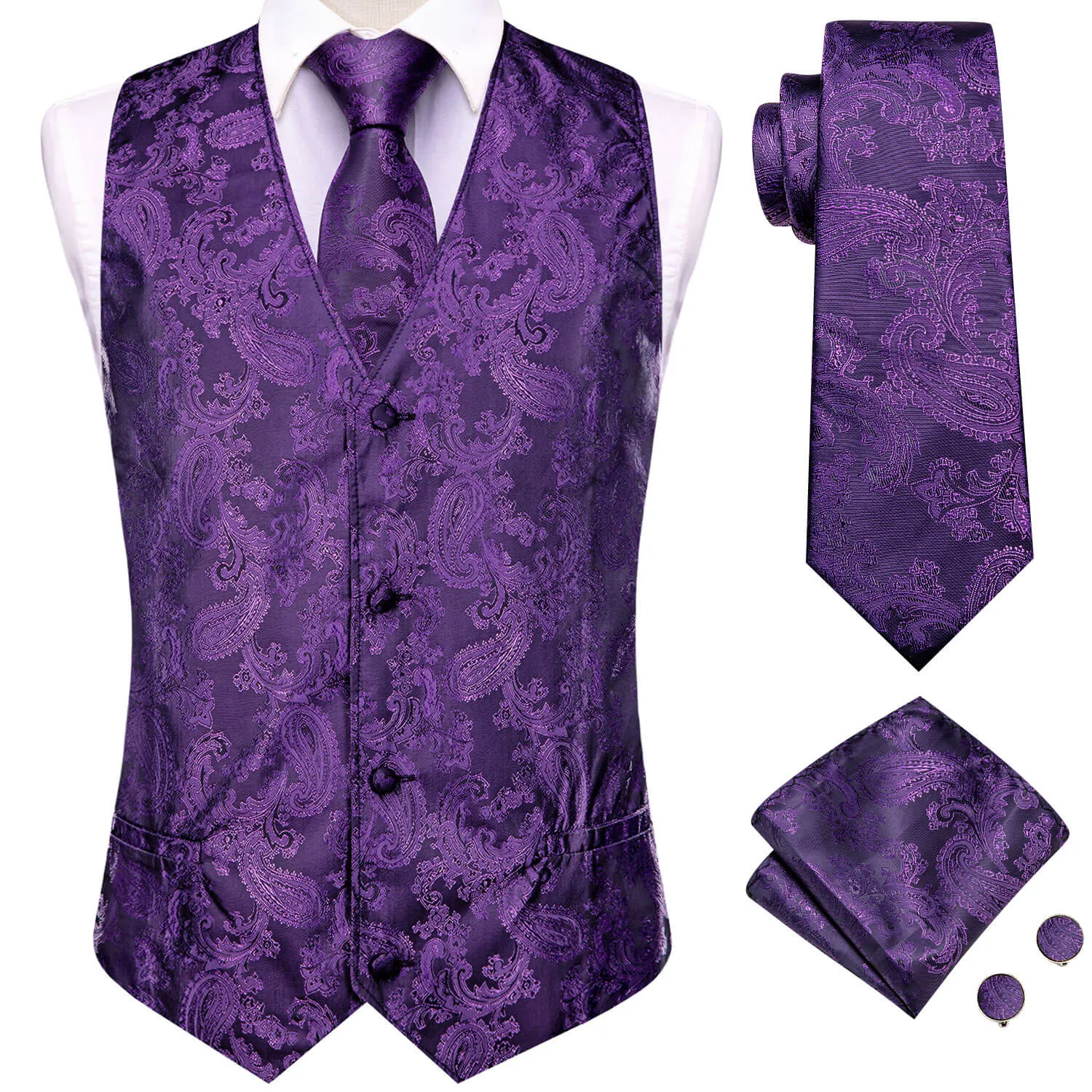 Hi-Tie Waistcoat Indigo Purple Jacquard Paisley Mens Vest and Tie Set