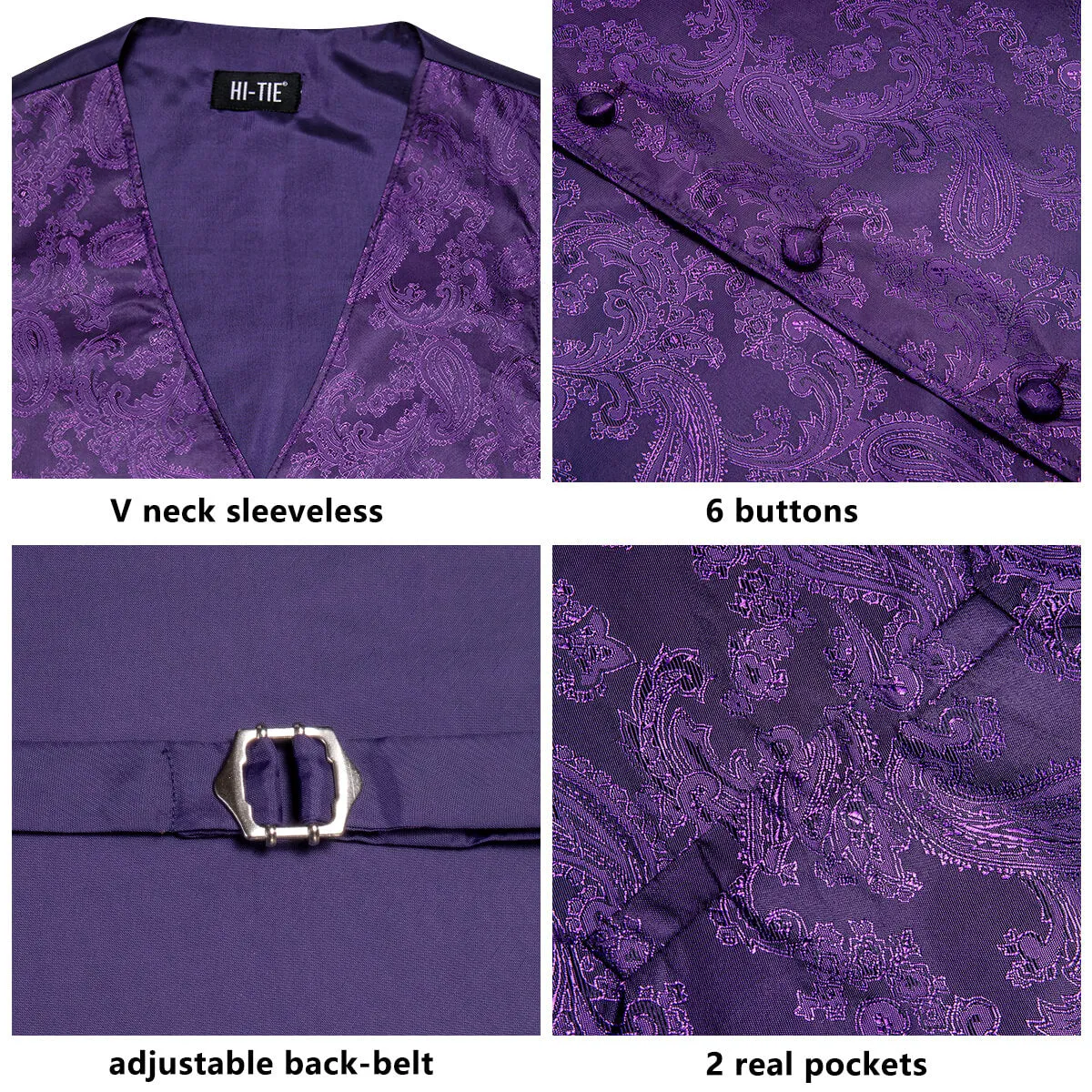 Hi-Tie Waistcoat Indigo Purple Jacquard Paisley Mens Vest and Tie Set