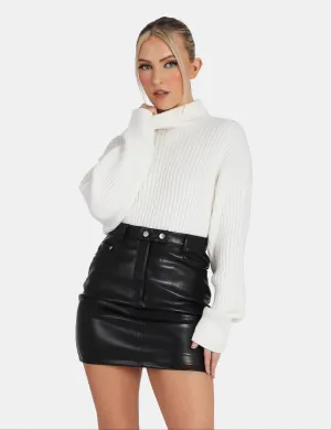 High Neck Contrast Stitch Ribbed Knitted Oversized Jumper Ivory